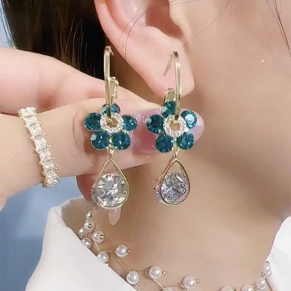 S925 Silver Purple Blue Crystal Flower Drop Earrings Women