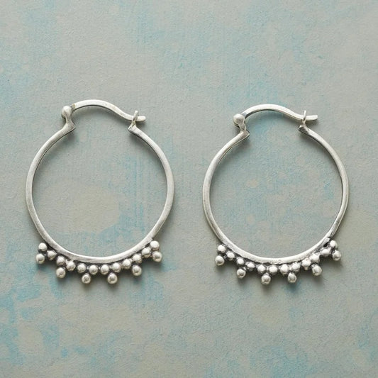 Women’s Silver Color Hoop Earrings Manual Carved Beads Loop Jewelry