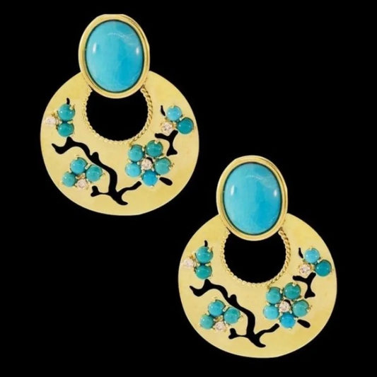 Women’s Round Green Stone Flower Earrings Gold Dangle Jewelry