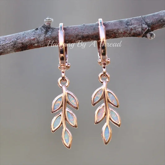 Vintage Rose Gold Leaf Dangle Earrings with Opal Inlay Women