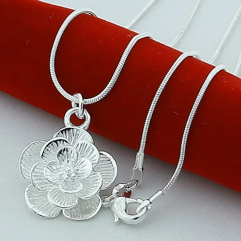 Silver color Rose Flower Pendant Necklace Snake Chain For Women Wedding Engagement Jewelry