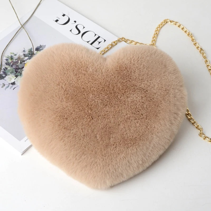 Soft Fluffy Heart Handbag Women’s Plush Shoulder Purse with Chain