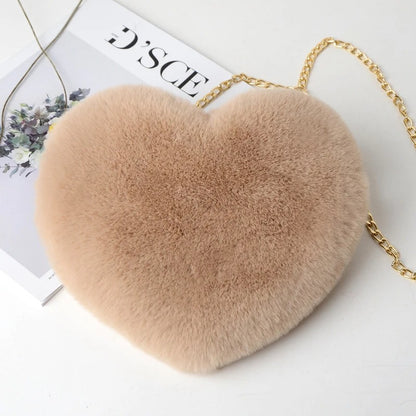 Soft Fluffy Heart Handbag Women’s Plush Shoulder Purse with Chain