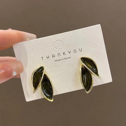 Korean Grey Leaf Stud Earrings for Women Trendy Sweet Fashion Jewelry