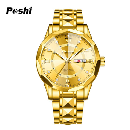 Men’s Date & Week Quartz Watch POSHI Luminous Waterproof Watch
