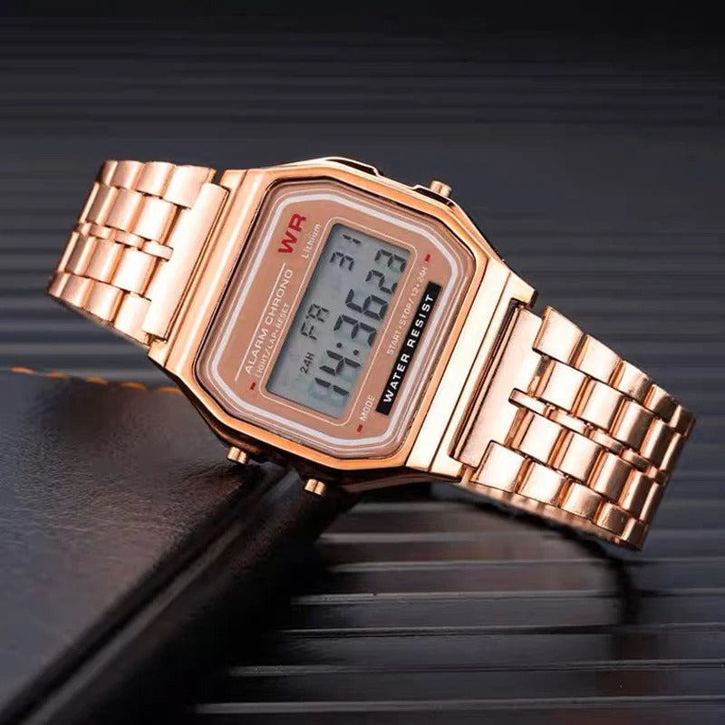 Luxury Gold & Silver Retro LED Digital Watch – Unisex Sports Military Wristwatch with Steel Band