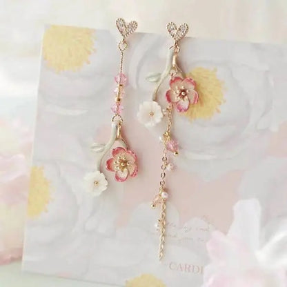 2025 New Korean Style Flower Dangle Earrings for Women Shiny Rhinestone Long Tassel Cute Cat Earring Sweet Jewelry
