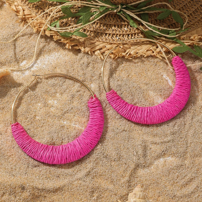 Exaggerated Multicolor Big Hoop Earrings Handmade Rattan Circle