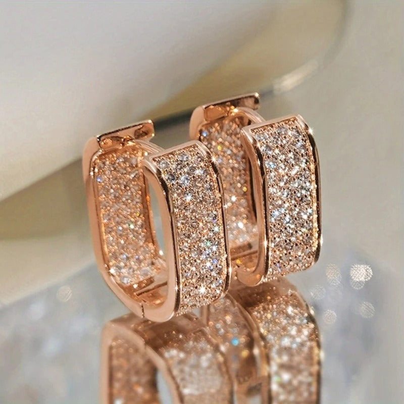 Women’s CZ Paved Hoop Earrings Metal Silver Gold Versatile Jewelry