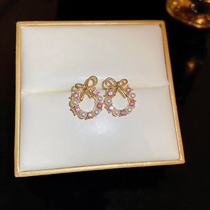 Elegant Micro Set Zircon Bowknot Pearl Pendant Earrings 2025 New Design Jewelry for Womens Girls Fashion Ear Accessories