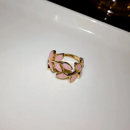 Leaf Open Ring for Women, Light Luxury Colorful Oil Drop Finger Rings, Hand Jewelry, Elegant Prom Party Wedding Accessories