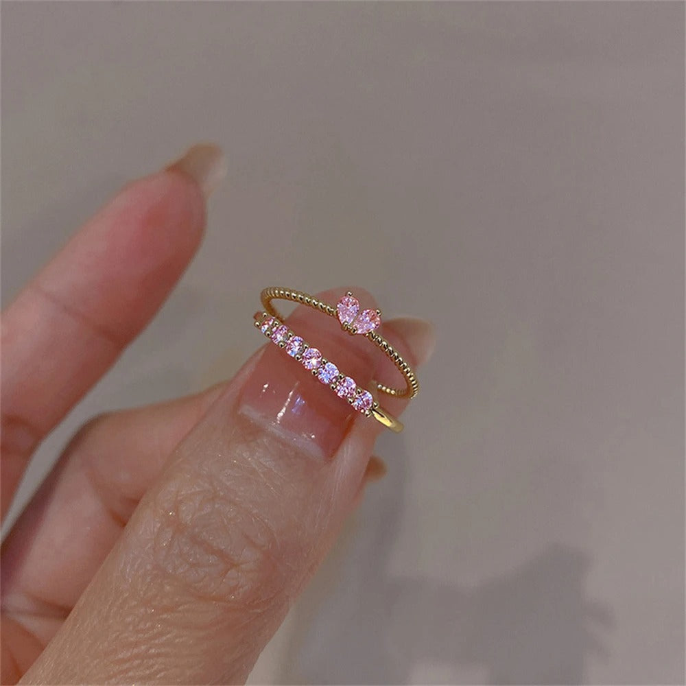 2PCS Elegant Dainty Crystal Heart Rings for Women Girls Gold Color Stackable Love Finger Ring Set Jewelry