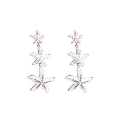 Cute Starfish Seashell Simulated Pendant Stud Earrings Colorful Rhinestone Inlaid Exquisite Starfish Strings Earring Accessory