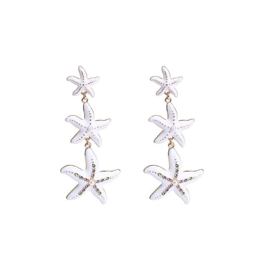 Cute Starfish Seashell Simulated Pendant Stud Earrings Colorful Rhinestone Inlaid Exquisite Starfish Strings Earring Accessory