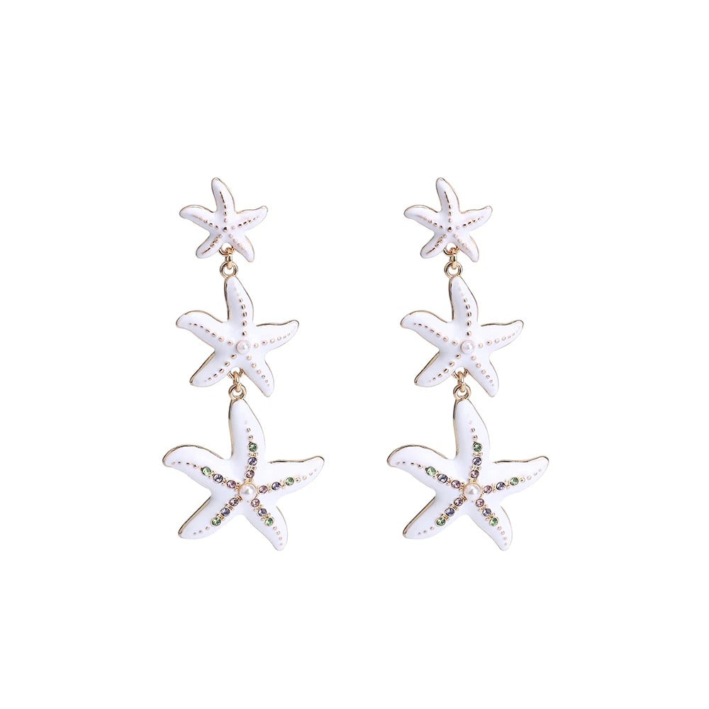 Cute Starfish Seashell Simulated Pendant Stud Earrings Colorful Rhinestone Inlaid Exquisite Starfish Strings Earring Accessory