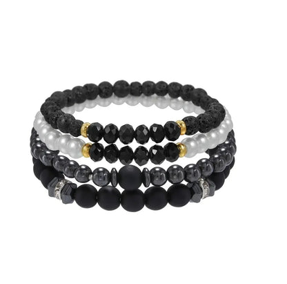 4pcs Black Lava Stone & Wood Beads Bracelet Set for Men & Couples