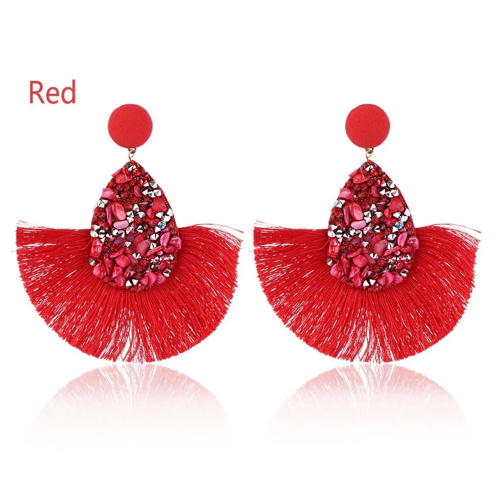 Gold Dangle Earrings with White, Red & Green Stones for Women