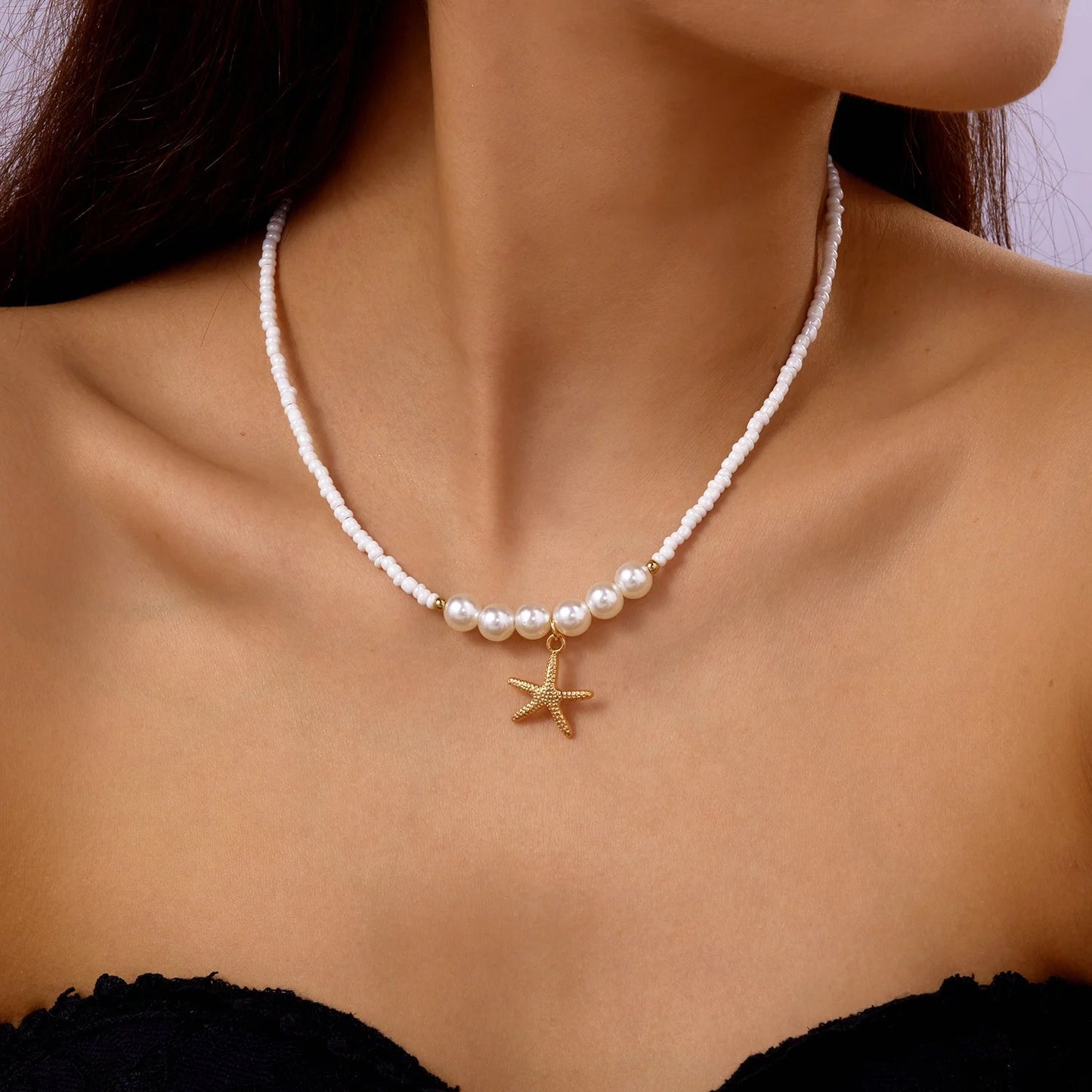 Handmade Starfish Pendant Necklace Rice Beads Pearl Choker for Women