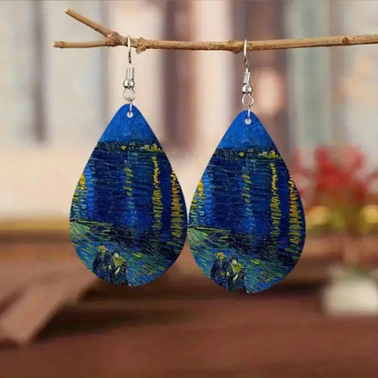 Starry Night Earrings Vintage Tree Of Life Water Drop Leather Earrings For Women