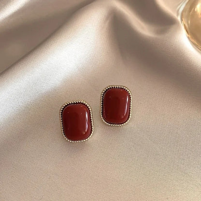 Red Retro Stud Earrings for Women Korean Pearl Flower Heart Shape Geometric Earring High Sense Jewelry