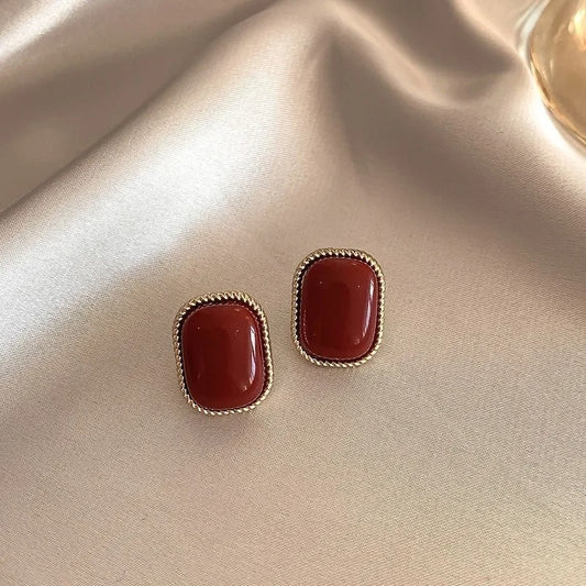 Red Retro Stud Earrings for Women Korean Pearl Flower Heart Shape Geometric Earring High Sense Jewelry