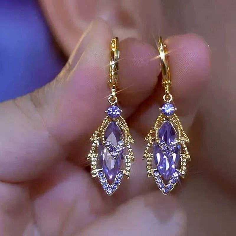 Shiny Brown Zircon Leaf Earrings Women Temperament Party Jewelry