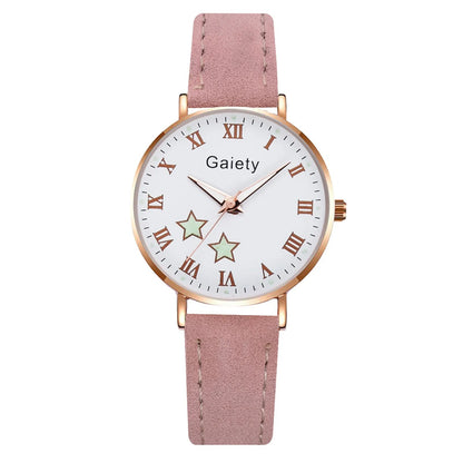Ladies Quartz Watch with Leather Strap Star Pattern Dial