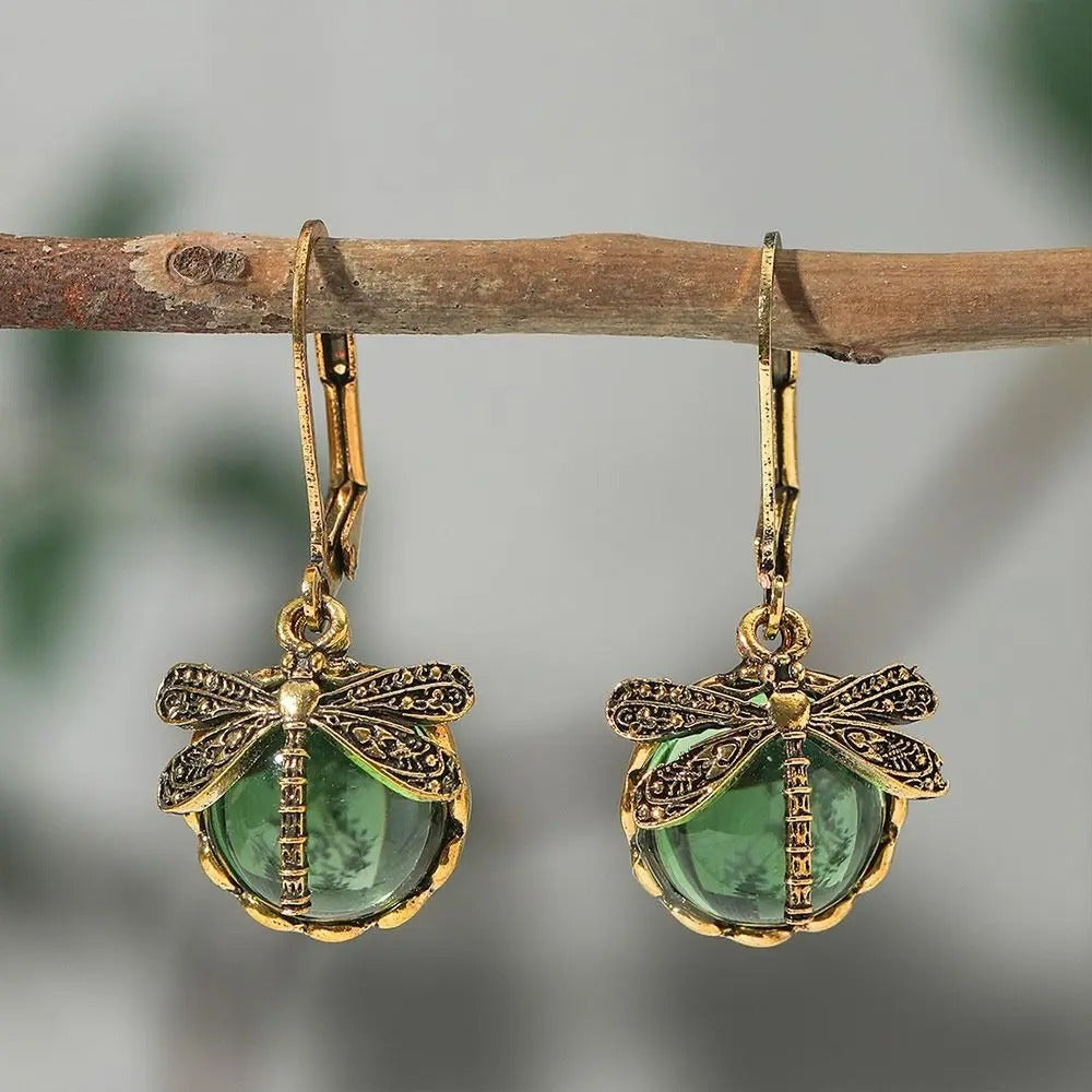 Dragonfly Pendant Drop Earrings with Moonstone for Women