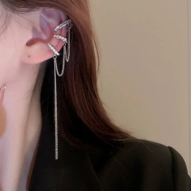 1PC Silver Color Crystal Tassel Cuff Ear Clip Earring for Women Shiny Rhinestone Chain Piercing Jewelry Fashion