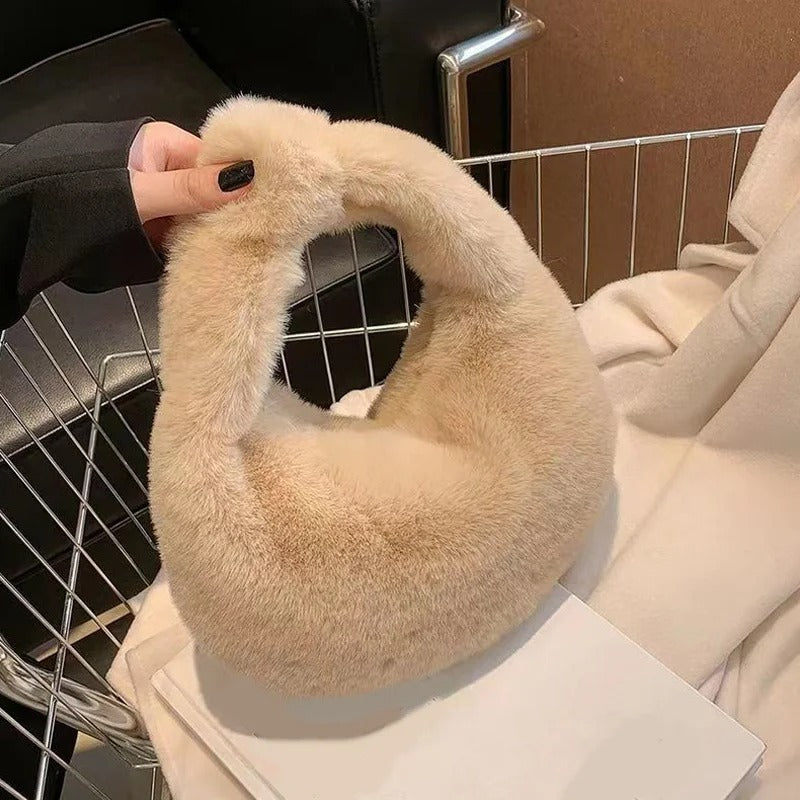 Solid Color Plush Dumpling Bag Soft Faux Fur Underarm Hobo Tote for Women