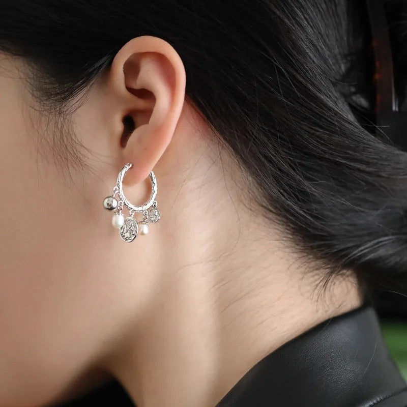 Silver Drop Earrings Hoop Pearl Leaf Vintage Irregular For Women Girl Gift Fashion Jewelry