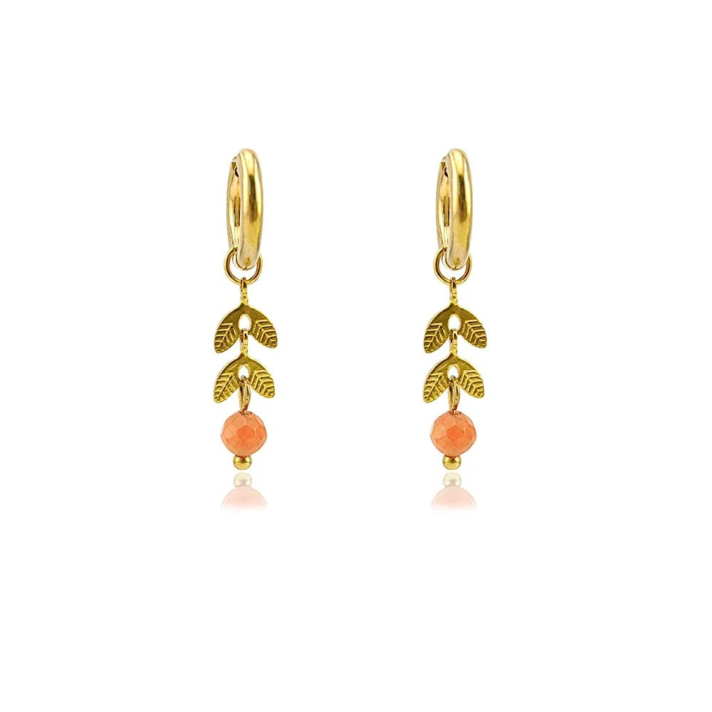 Summer Leaf Hoop Earrings Stainless Steel with Stone
