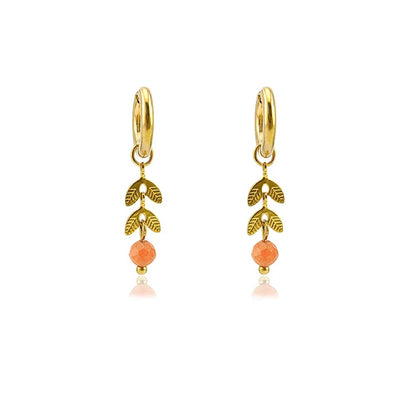 Summer Leaf Hoop Earrings Stainless Steel with Stone
