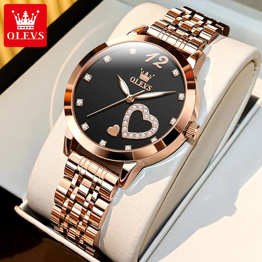 OLEVS 5189 Love Diamond Inlaid Women’s Quartz Watch with Stainless Steel Band Luxury Romantic Timepiece