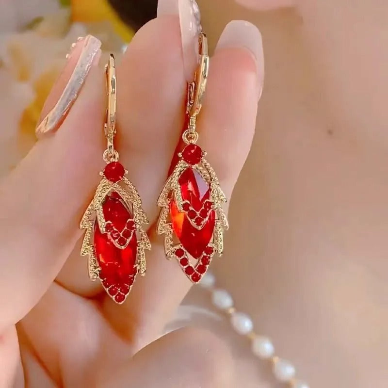 Shiny Brown Zircon Leaf Earrings Women Temperament Party Jewelry