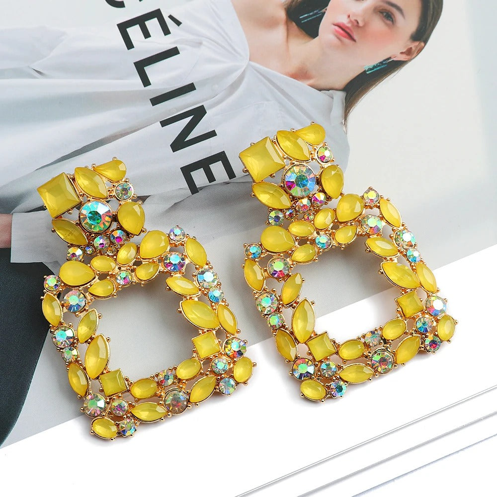 Metal Hollow Inlay Colorful Crystal Statement Earrings Boho Luxury Design Square Vintage Pendant Jewelry Accessories For Women