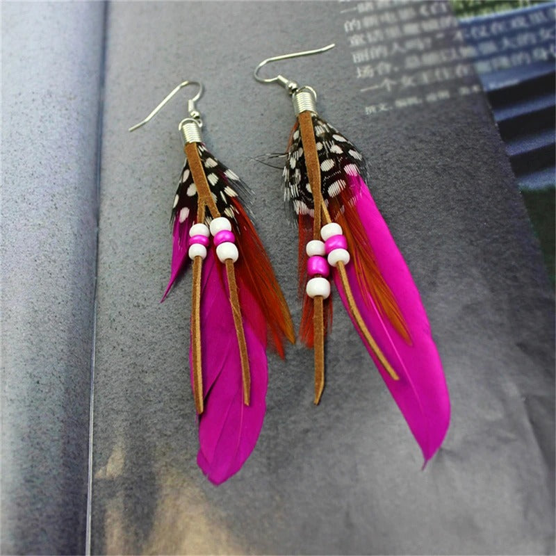 Colorful Feather Tassel Earrings 1 Pair Leather Beads Jewelry