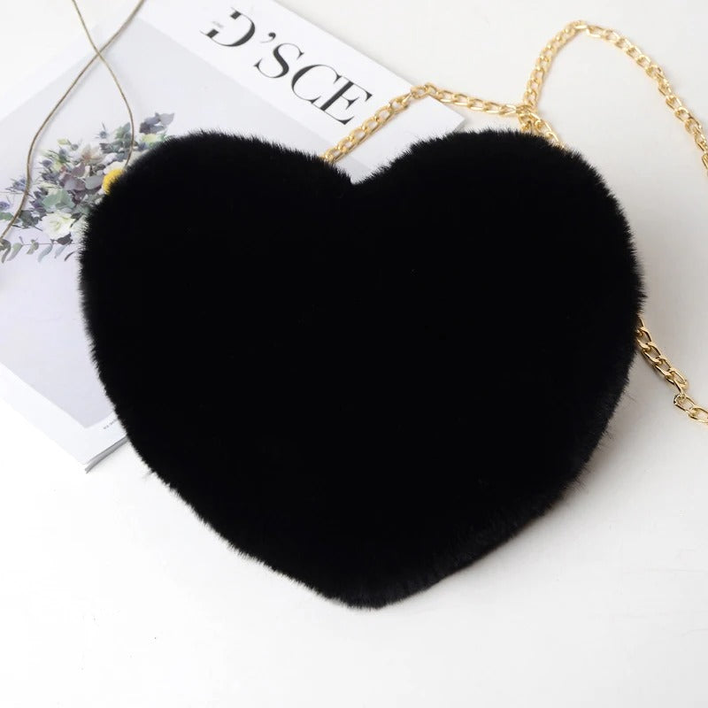 Soft Fluffy Heart Handbag Women’s Plush Shoulder Purse with Chain
