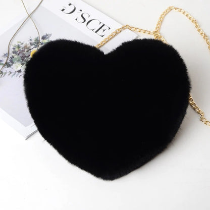 Soft Fluffy Heart Handbag Women’s Plush Shoulder Purse with Chain