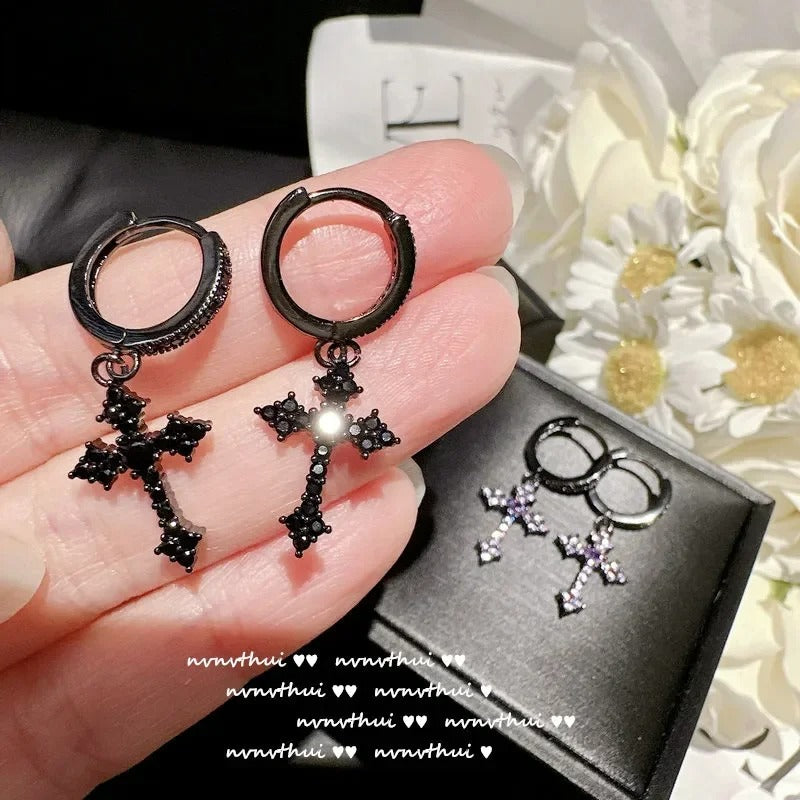 Zircon Crystal Cross Drop Earrings Women Men Gold Silver Jewelry