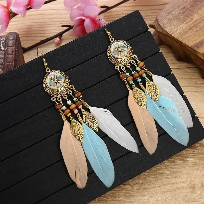 Antique Alloy Feather Tassel Earrings Wood Bead Leaf Jewelry for Women
