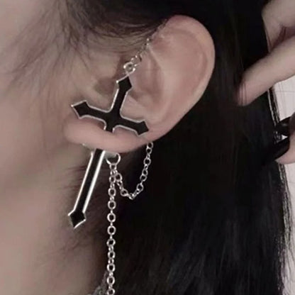 Silver Color Cross Drop Earrings for Women Men Gothic Hip Hop Long Tassel Hanging Earring Jewelry