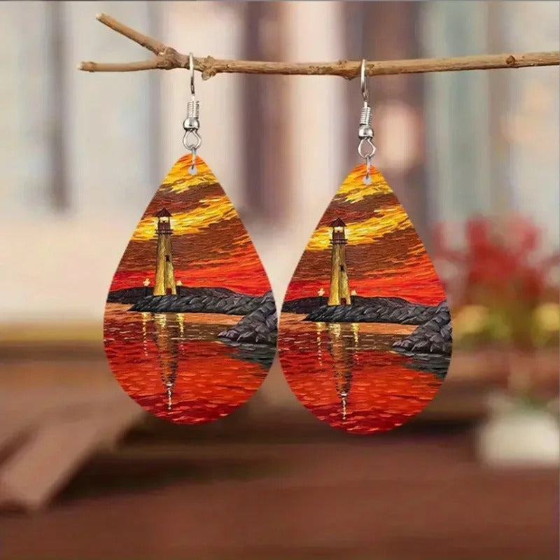 Starry Night Earrings Vintage Tree Of Life Water Drop Leather Earrings For Women