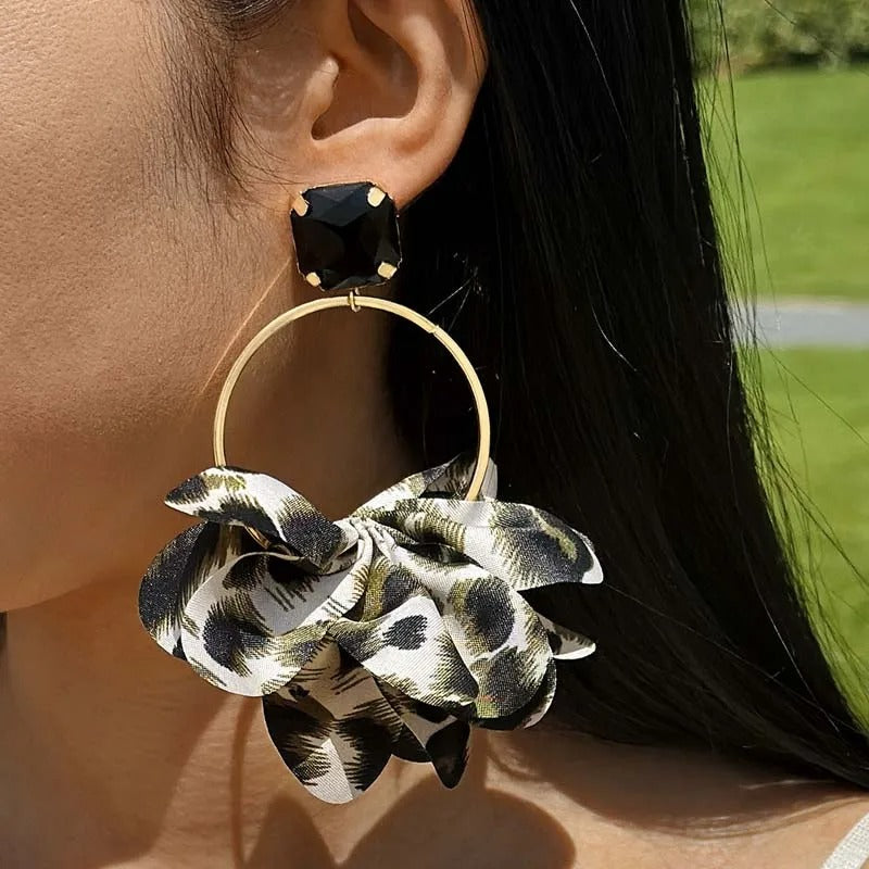 Retro Leopard Print Drop Earrings Black Crystal Geometric Women
