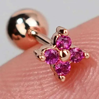 Crystal Flower Stud Earrings for Girls Sweet Red Zircon Cartilage Jewelry