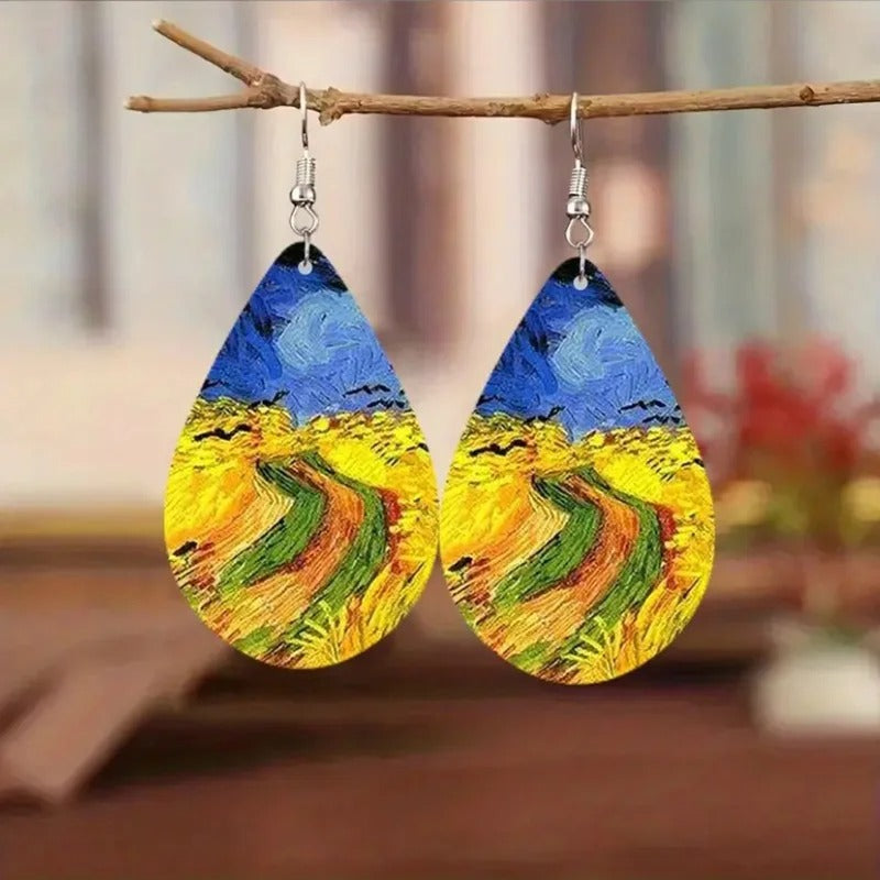 Starry Night Earrings Vintage Tree Of Life Water Drop Leather Earrings For Women