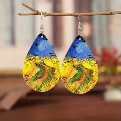Starry Night Earrings Vintage Tree Of Life Water Drop Leather Earrings For Women