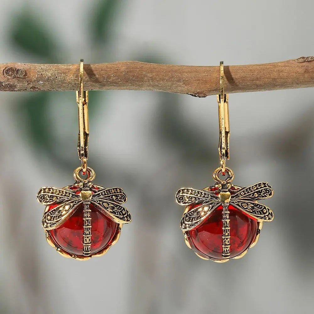 Dragonfly Pendant Drop Earrings with Moonstone for Women