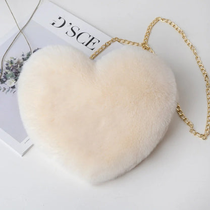 Soft Fluffy Heart Handbag Women’s Plush Shoulder Purse with Chain