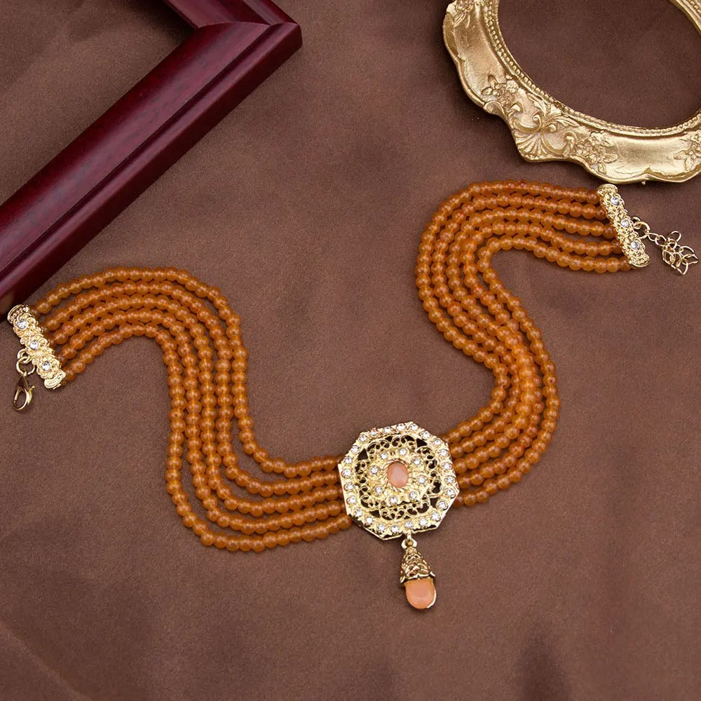 Sunspicems Chic Morocco Jewelry Bead Chain Choker Necklace For Women Gold Color Square Mesh Pendnat Arabic Bridal Wedding Bijoux